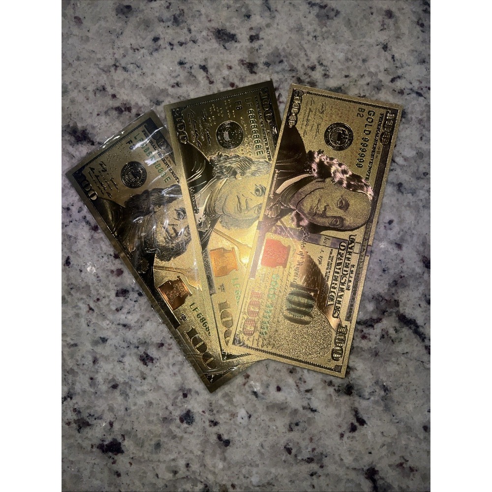 Lot Of 3 24K GOLD Plated Foil $100 Dollar Bill Collectible Note Great Gift GOLD